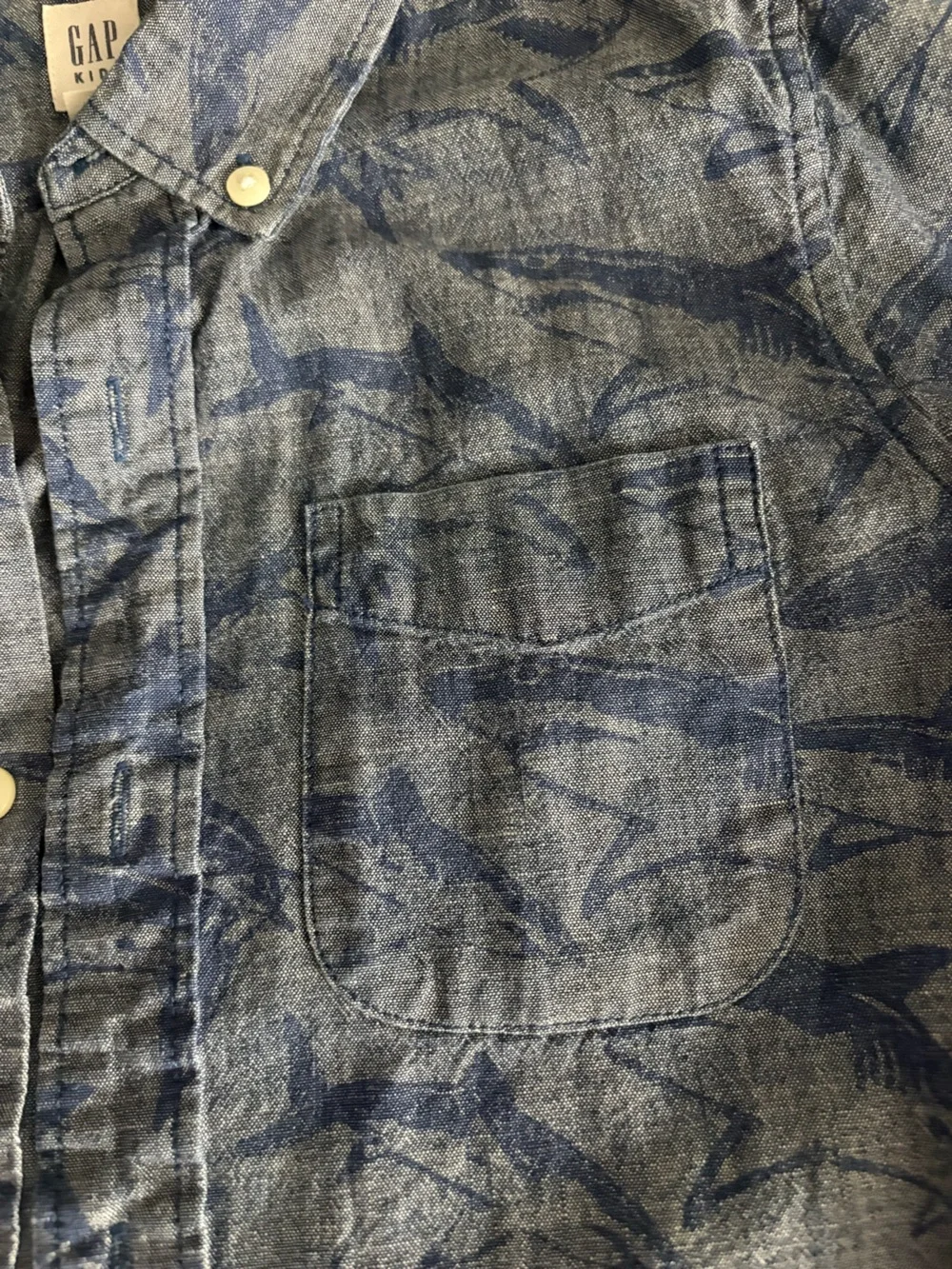 GAP Kids Denim-Blue Short Sleeve Shirt with Subtle Navy Shark Print